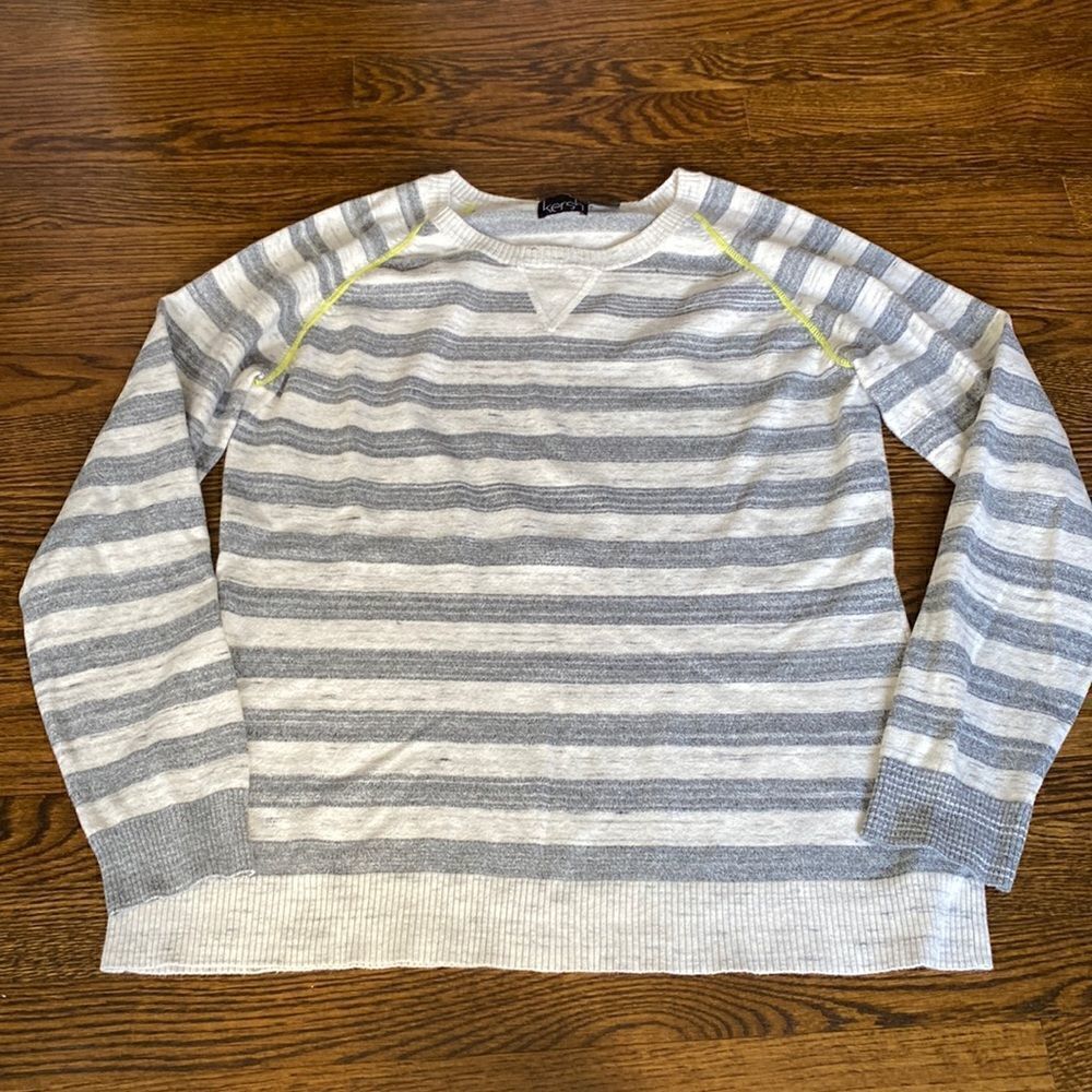 Kersh Gray and White Striped Lightweight Sweatshirt with Neon Trim